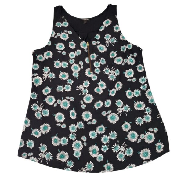 EXPRESS Womens V-Neck Sleeveless Black & Blue Floral Print Blouse Large - Picture 4 of 7